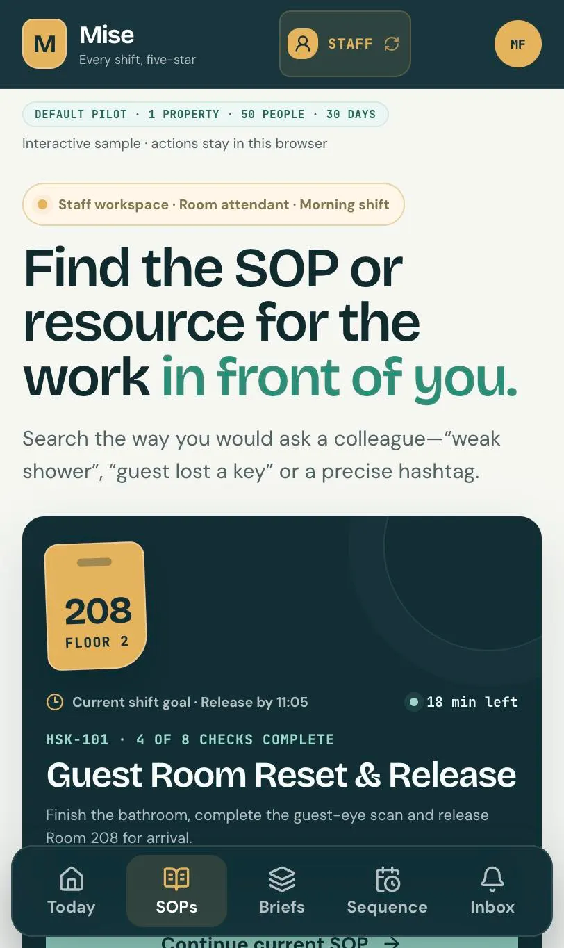 Mise hotel SOP app standards library with HSK-101 Guest Room Reset and Release, 4 of 8 checks complete