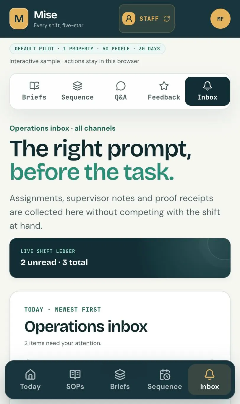 Mise hotel staff app operations inbox with assignments, supervisor notes and proof receipts