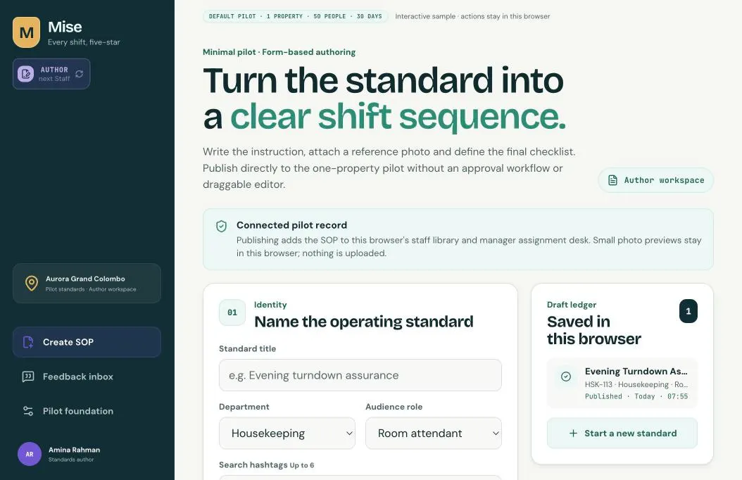 Mise standards workspace form for creating a hotel SOP with title, department, audience role and hashtags