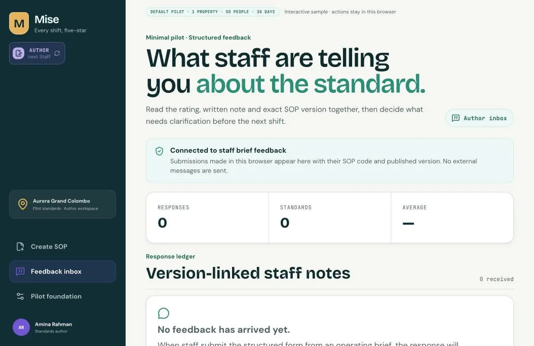 Mise standards workspace feedback inbox with version-linked staff notes on each standard